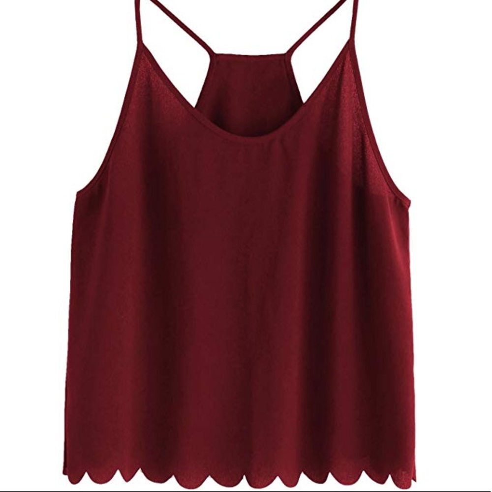Maroon, scallop embellished, open back cami.